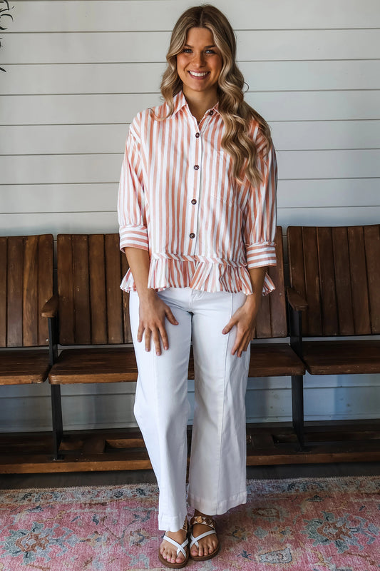 Khaki Stripe Collar Button Front Bracelet Sleeve Ruffle Hem Shirt a72bafcb61f1dc58