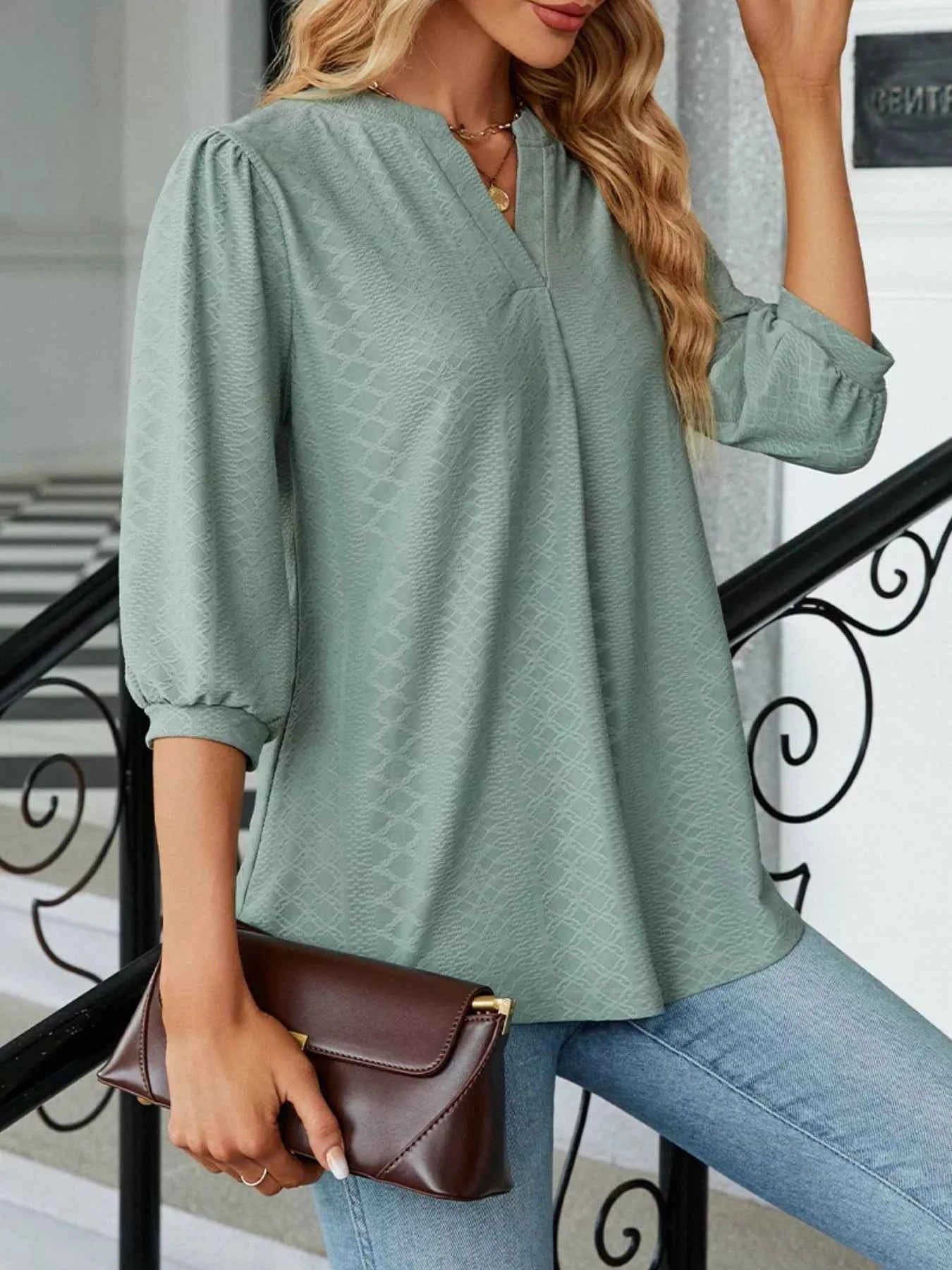 Notched 3/4 Sleeve Casual Top a72c2556-cec5-4f1d-978d-fd1ca866a991-Max-Origin
