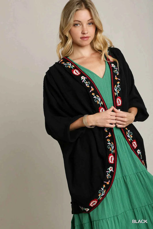Embroidery Open Front Kimono with Pleated Shoulder Detail a72cdca9-7354-4c1d-abc8-38585058bea3-Max-Origin