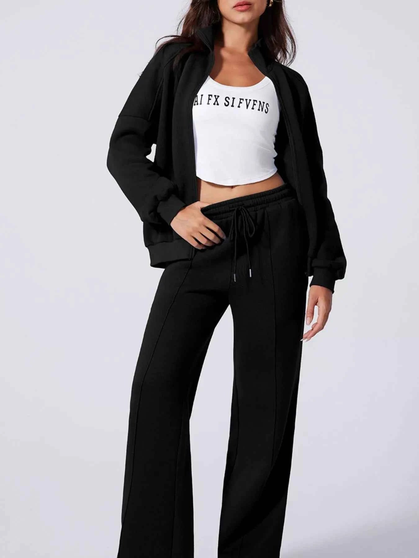 Drop Shoulder Zip Up Jacket and Drawstring Pants Active 2pcs Set Black a73056b0-a6ab-409b-86fd-c19e25ede3f3-Max-Origin