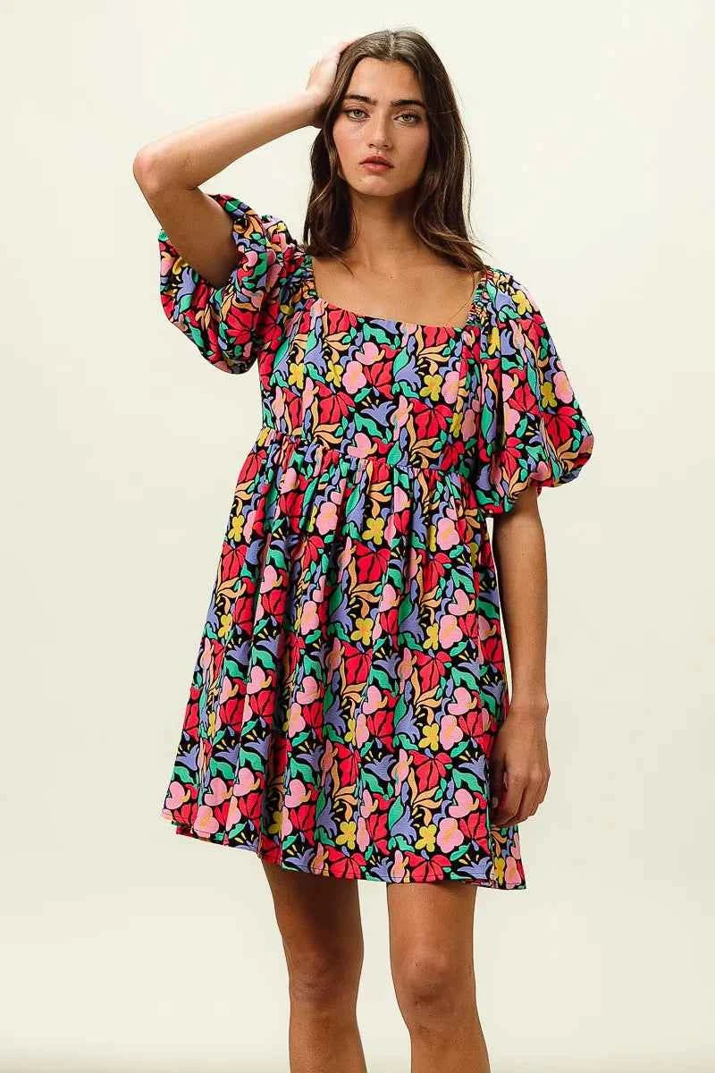 Floral Print Puff Square Neck Dress a735261f3b844af8ac103de747fc41bb-Max-Origin