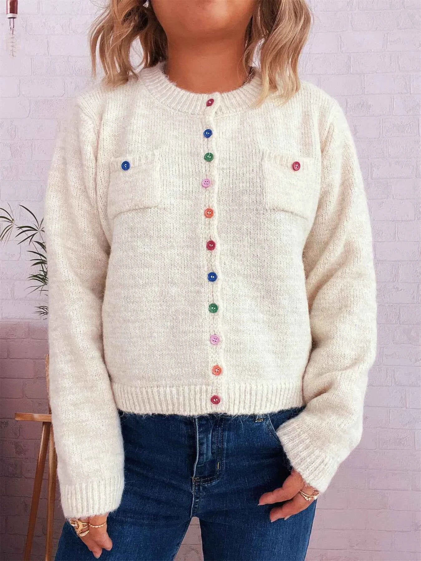 Button-Up Ribbed Hem Cardigan with Chest Pocket Beige One Size a7375ef5164b4e60b7ff6d91542b6362-Max-Origin