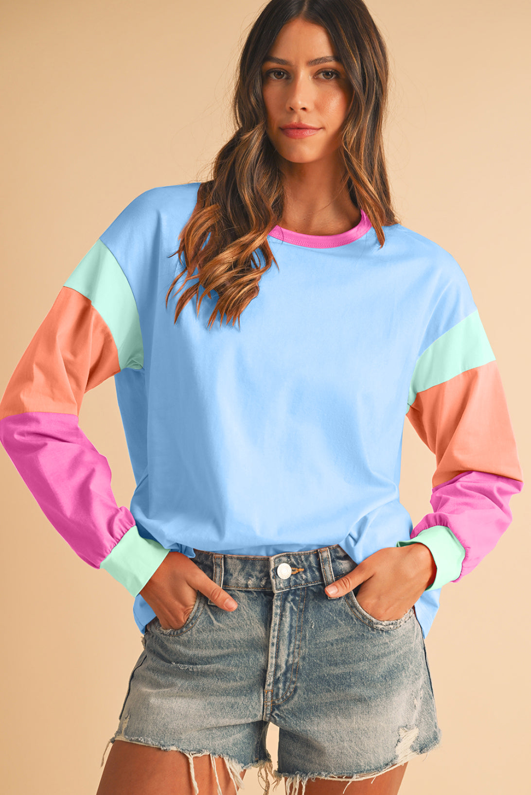 Green Color Block Sleeve Loose Fit Top a737a070231514fb