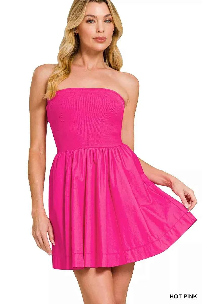 Zenana Combined Knit Tube Top Flare Mini Dress HOT PINK a739461ed76941289d58ab6b851b9f83-Max-Origin