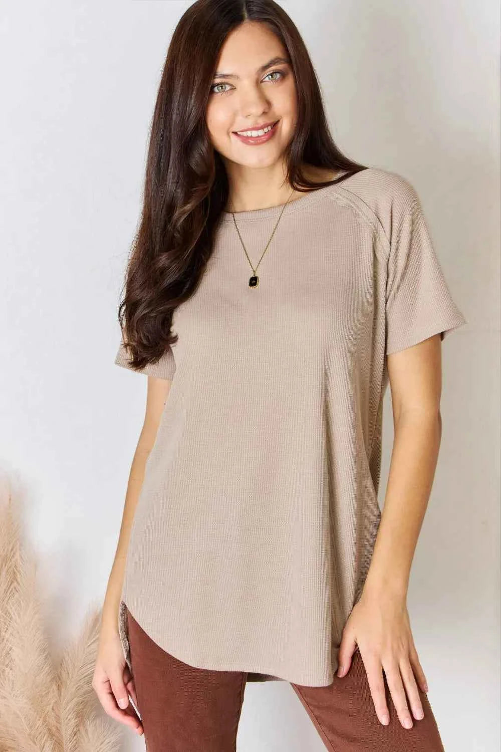 Zenana Baby Waffle Short Sleeve Slit High-Low T-Shirt Light Mocha a73d26d9-d0c2-497e-9e1a-ac560d3bdf6a-Max