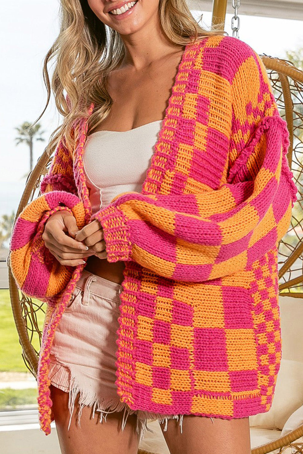 Dark Grey Colorblock Checked Loose Fit Open Front Knitted Cardigan Multicolor 100%Acrylic a74226242309600a