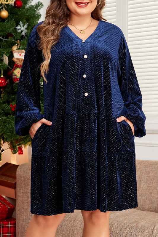 Plus Size Textured Velvet Buttoned Tiered Dress Navy Blue a743b417-8521-4203-ba96-36227e221eaf