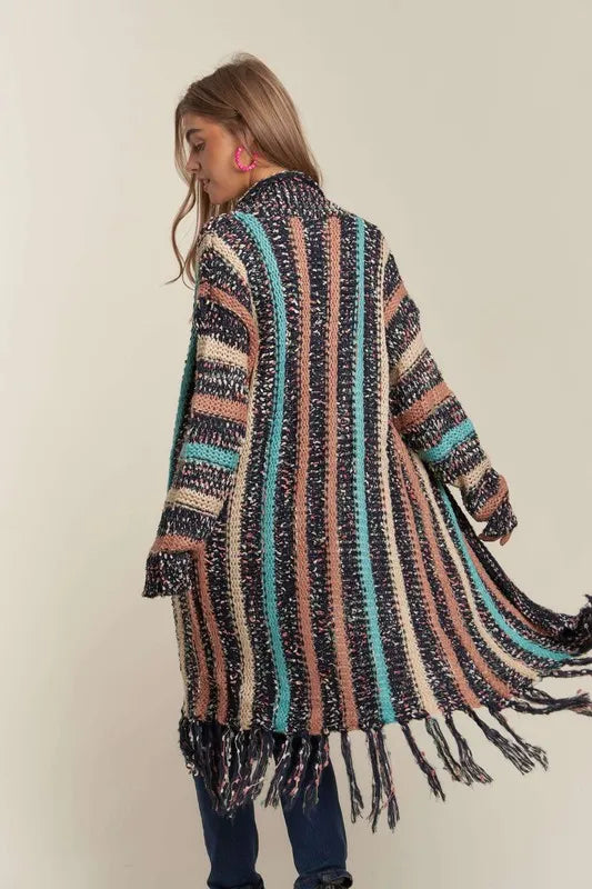ADORA Multi Colour Sweater Long Cardigan with Fringes