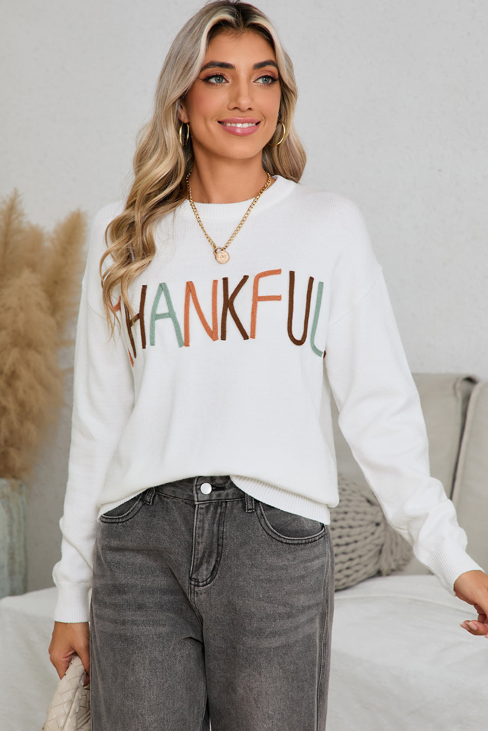 White Thankful Ivory Embroidered Sweater a745efef23cadc4d
