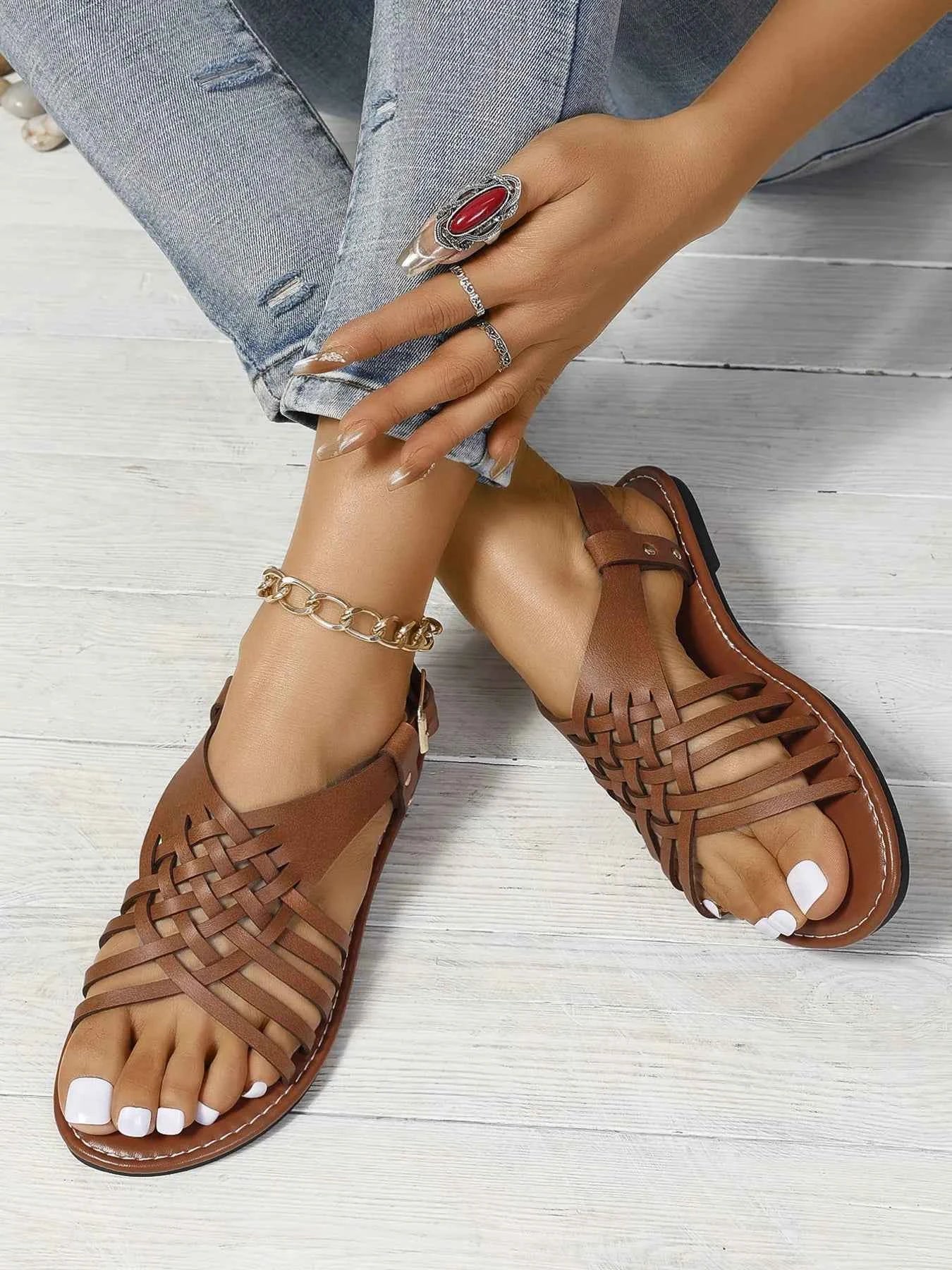 Woven Strappy Flat Sandals Light Brown a746aefea79a4f8cb612af72bbc4dd31-Max-Origin