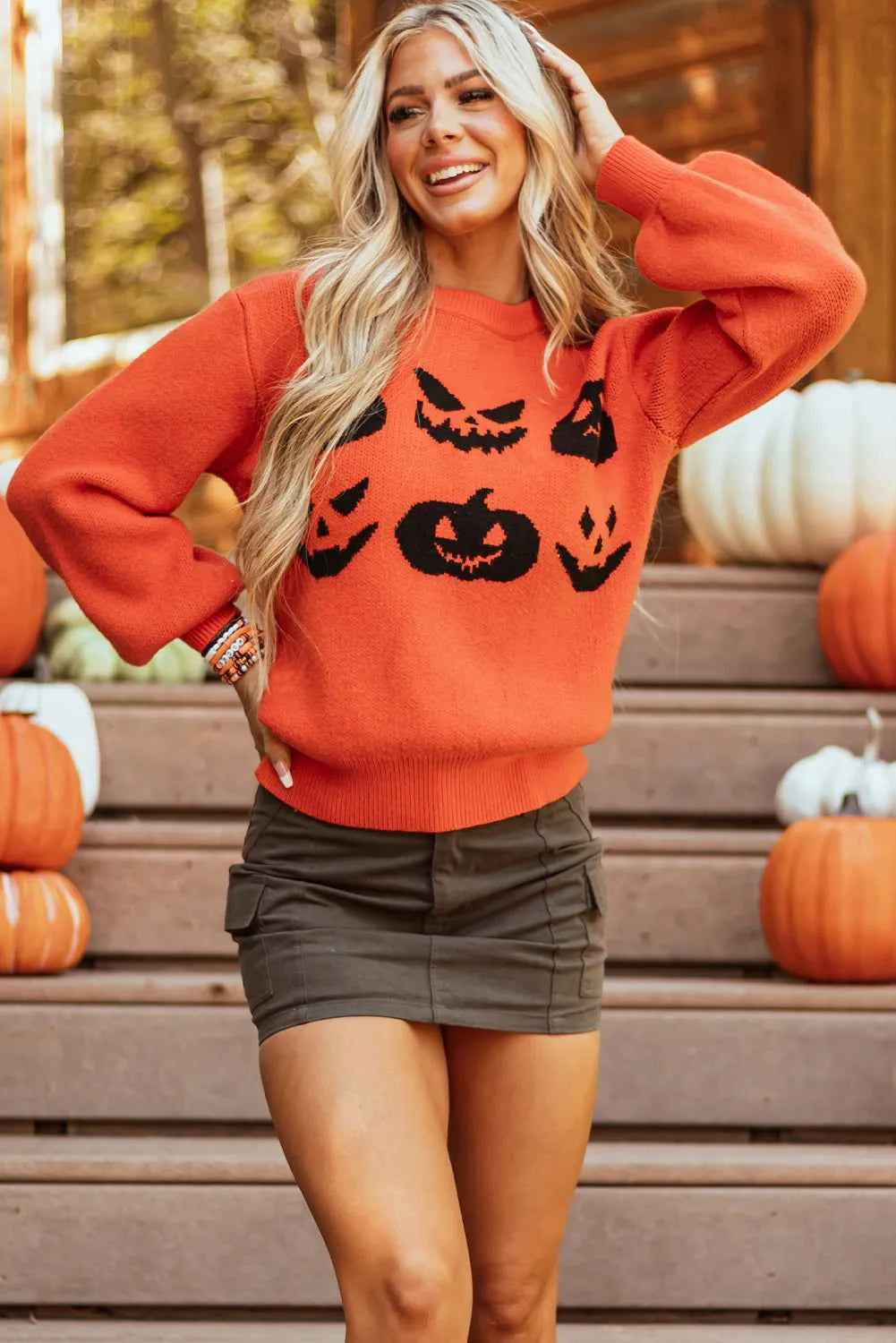 Pumpkin Pattern Round Neck Sweater a74a7add-d06f-4fc3-97d8-7f608bc6401b-Max