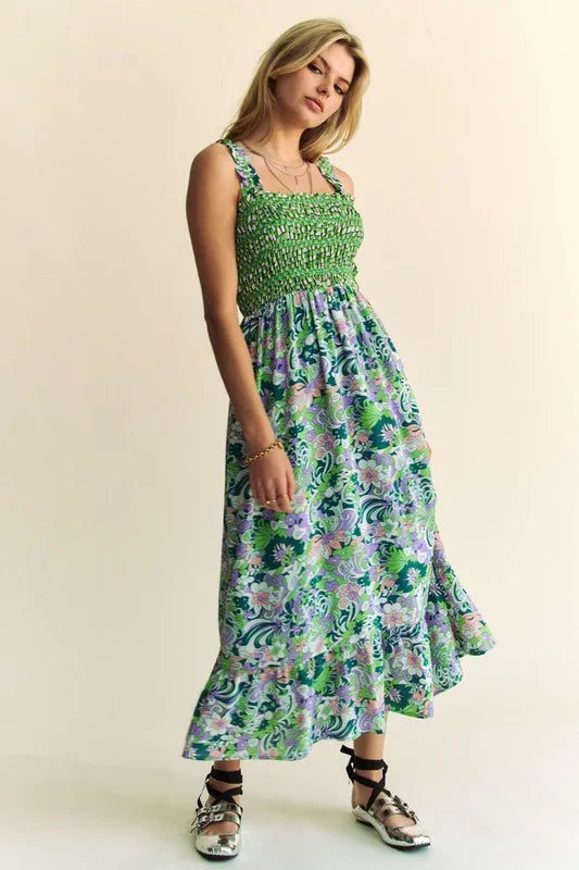 Multi Smocked Bodice Geo Ruffle Strappy Midi Dress a74ad5d9378f4f9ea81237aed3fac1a1-Max-Origin