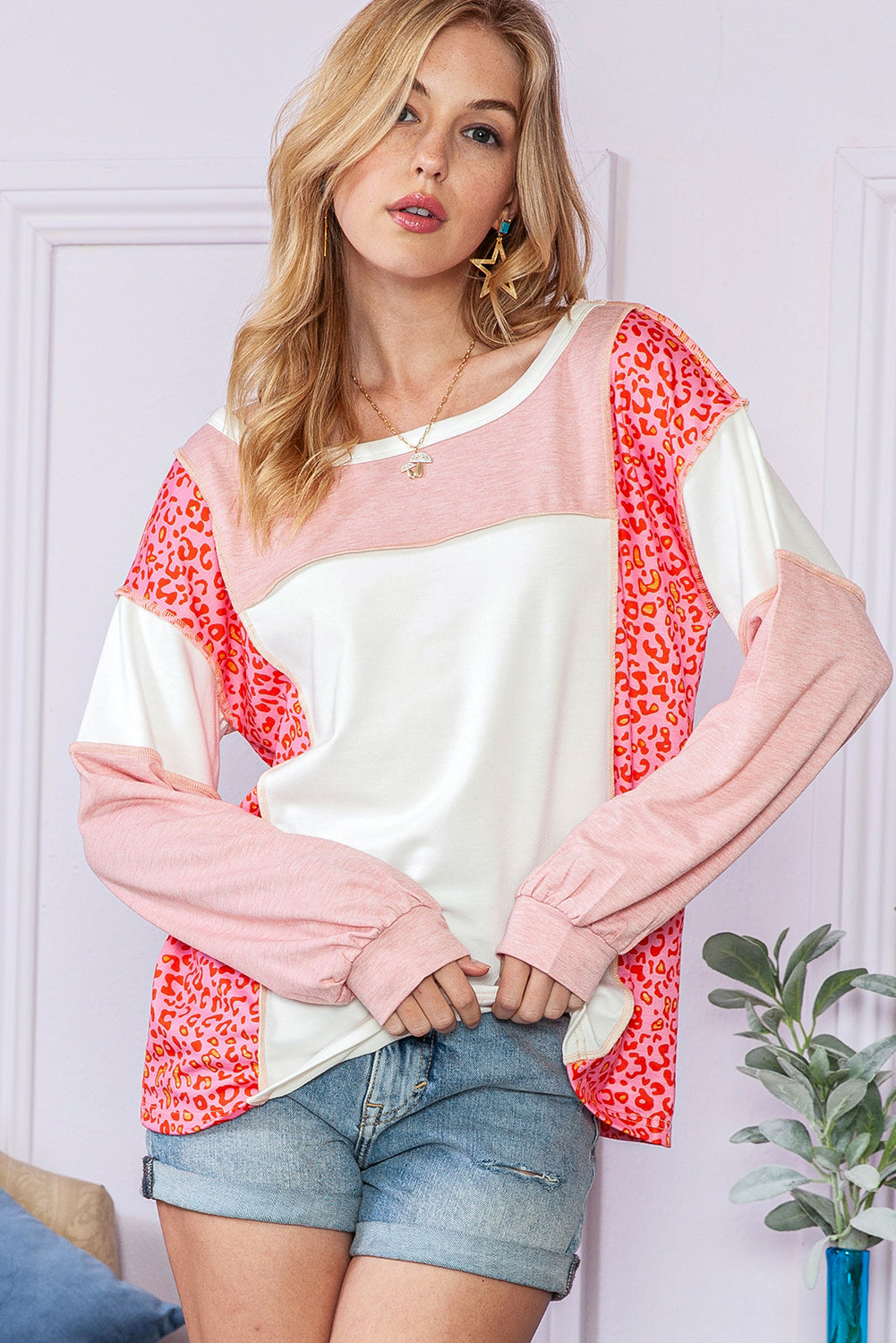 Peach Blossom Patchwork Long Sleeve Round Neck Top a74e1dded64af3cb