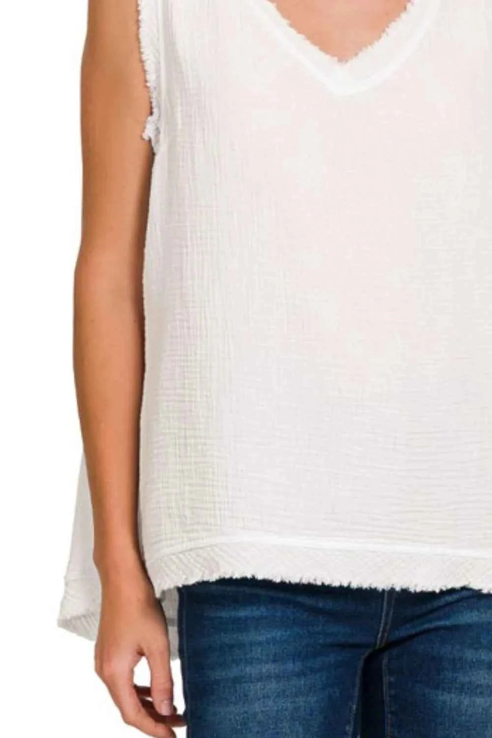 Zenana Double Gauze Raw Edge V-Neck Tank a75094cd-8780-48a8-a7dd-1176c561888e-Max-Origin