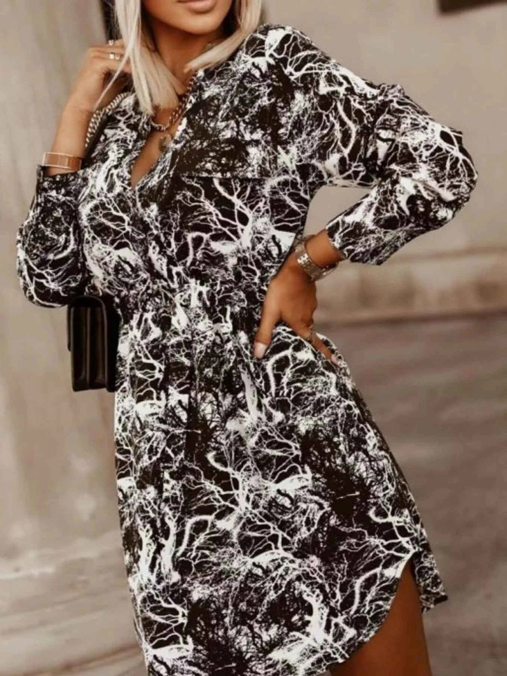 Printed Button Front Long Sleeve Dress a750df9d-d198-4d87-b423-efec9f2452fa-Max-Origin