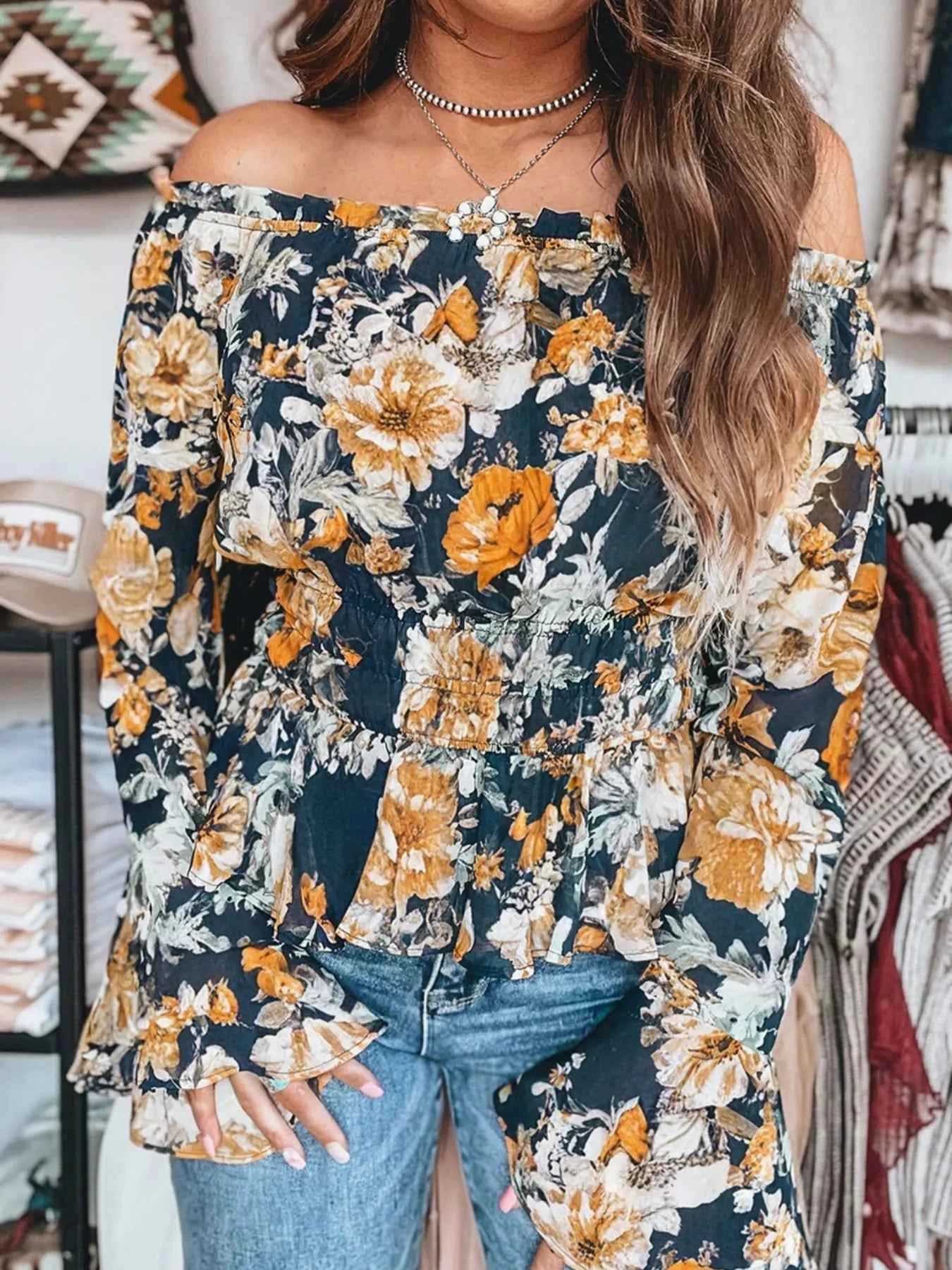 Floral Off Shoulder Bell Sleeve Smocked Peplum Top Floral a75aba09-1e64-4af9-be63-29c7e9ff5bd4-Max-Origin