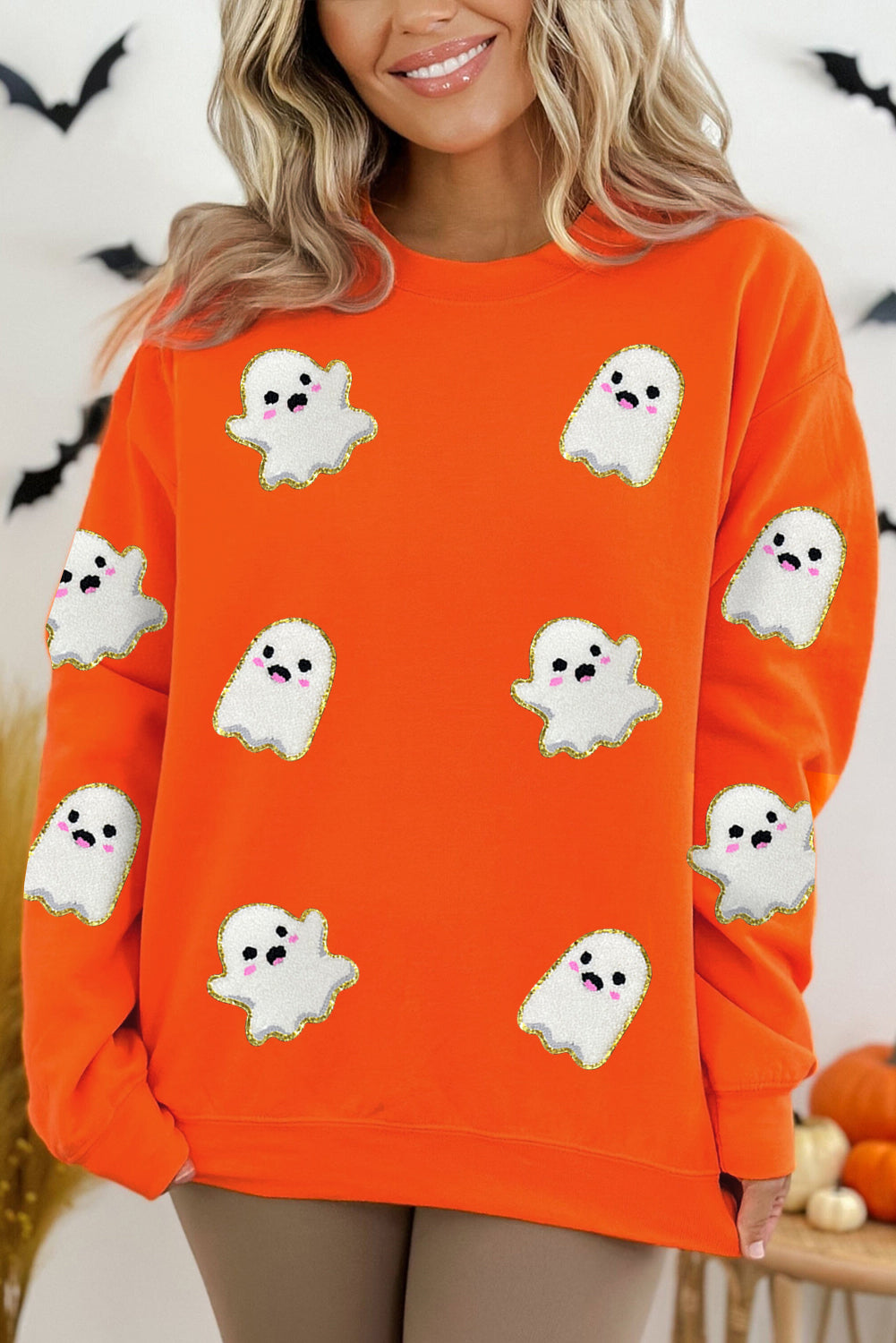 Orange Halloween Ghost Cute Patch Application Pattern Holiday Sweatshirt a75d16fb988f6786