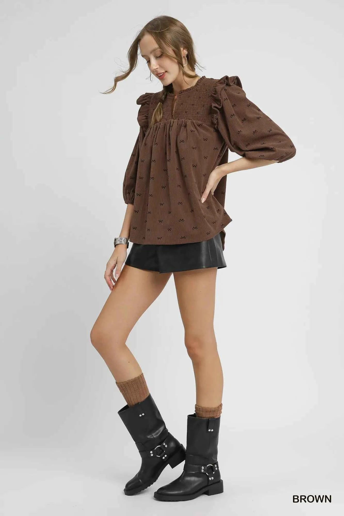Umgee Bow Print Corduroy Puff Sleeve Blouse with Ruffled a75fe76d-54d4-4db5-ae01-f31232037fa3-Max-Origin