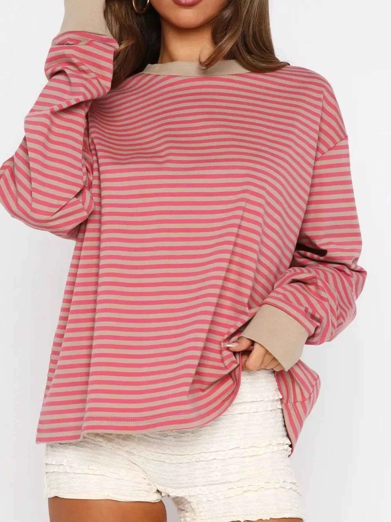 Striped Oversized Round Neck Sweatshirt Coral a7692afa-552c-4614-9b89-a00cac8e8144-Max-Origin