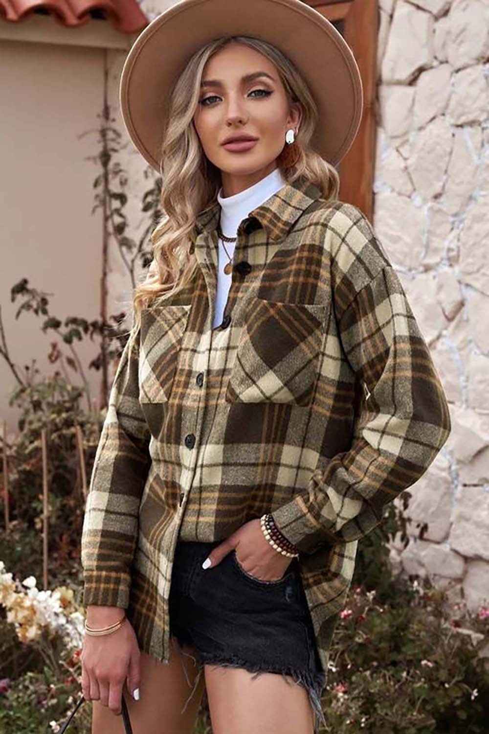 Plaid Collared Neck Button Up Jacket with Pockets a771887af24442288174429582d448f3-Max