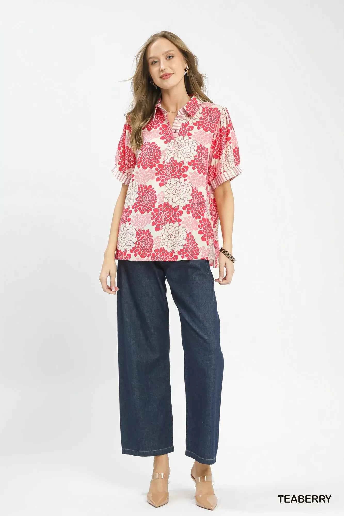 Umgee Floral Collared Short Sleeve Blouse a7738448-a310-4291-ad98-7eadb307d458-Max-Origin