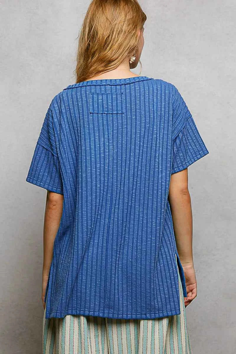 POL Ribbed Knit V-Neck Short Sleeve T-Shirt with Side Slit a777e344-060f-4e79-8afe-c9b6c1bc91a5-Max-Origin