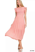 Zenana Woven Smocked Ruffle Sleeve Midi Dress DK PINK a778385cfa824f12beaf0f80c0db723a-Max-Origin