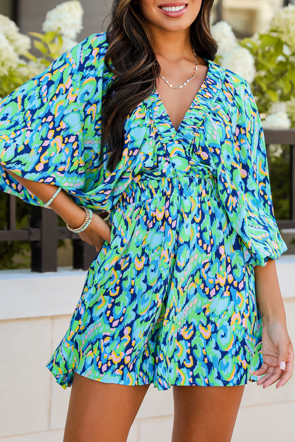 Pink Abstract Print Dolman Sleeve V Neck High Waist Romper Green a779a90b05b247d2