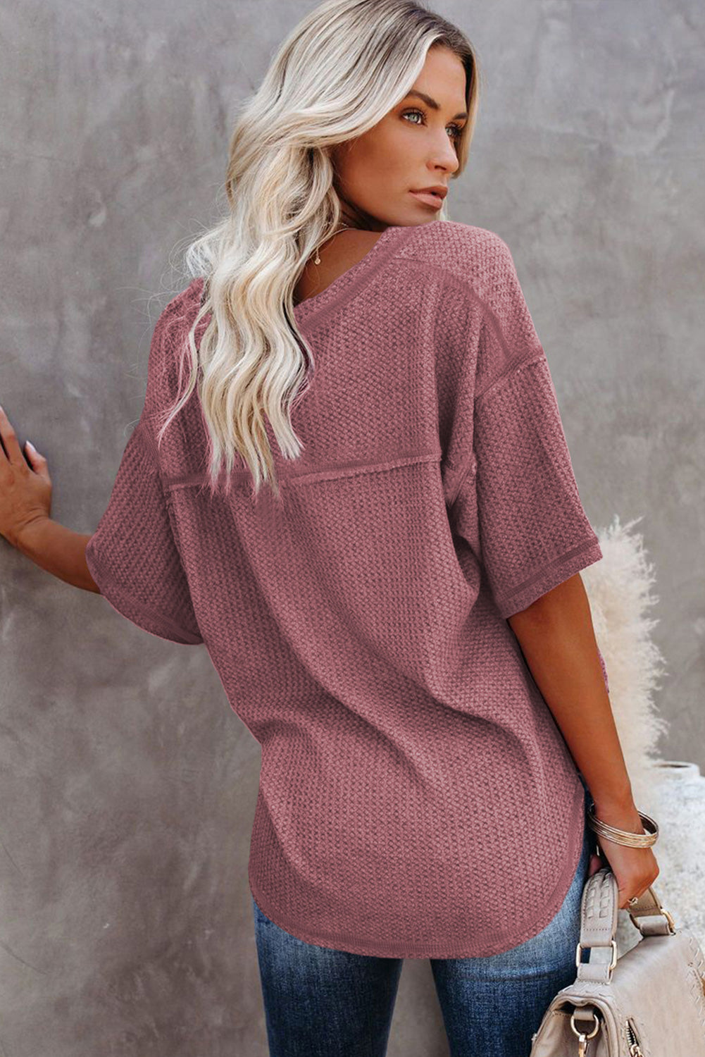 Blue Exposed Seam Drop Sleeve V Neck Waffle Textured Top a77aeb44e2bdce97