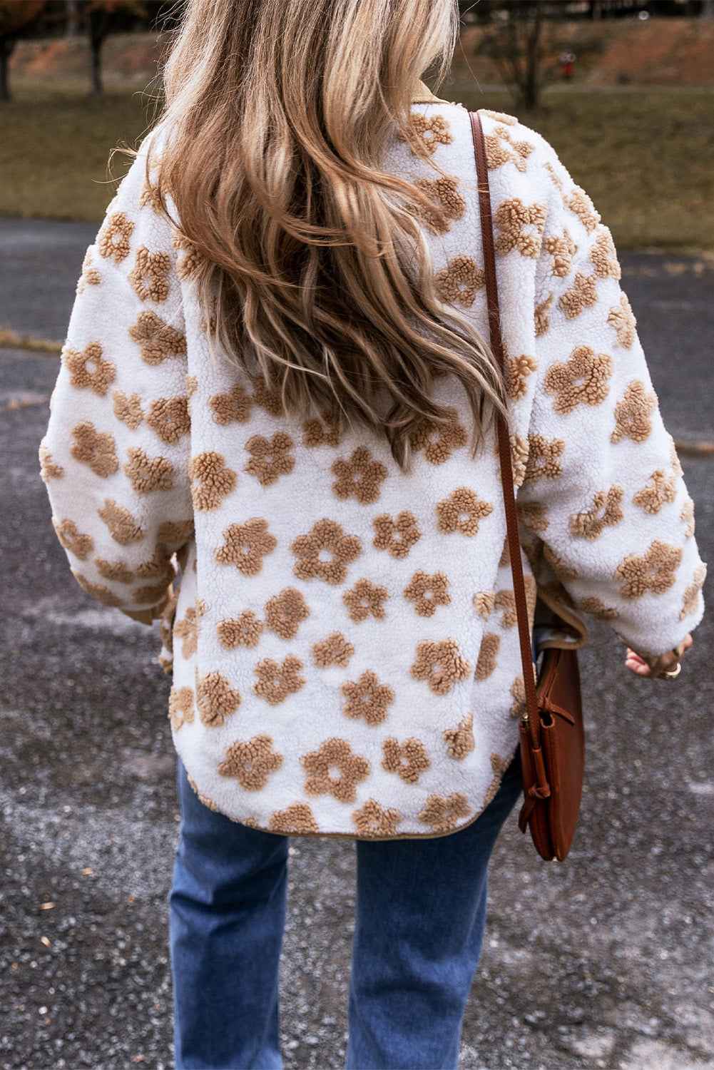 Light French Beige Cute Flower Pattern Button Up Fleece Jacket a77e152bd6945d3f