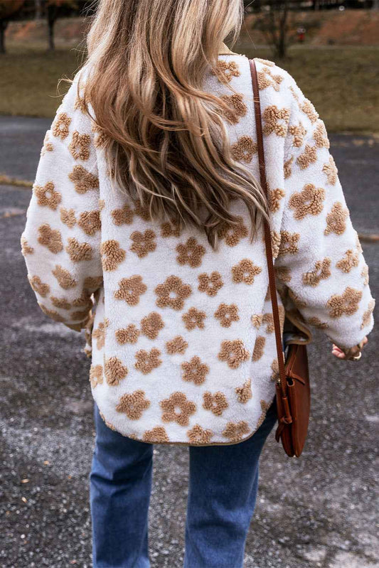 Light French Beige Cute Flower Pattern Button Up Fleece Jacket a77e152bd6945d3f