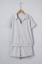 Light Grey Collared V Neck Tee Drawstring Elastic Waist Shorts 2pcs Outfit