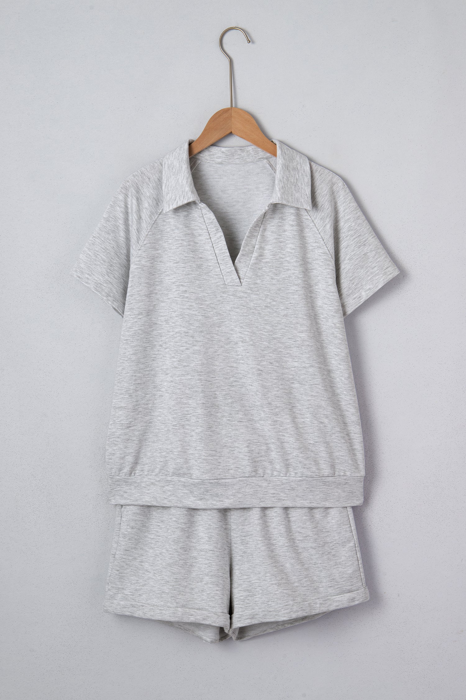 Light Grey Collared V Neck Tee Drawstring Elastic Waist Shorts 2pcs Outfit a78147029635d21a