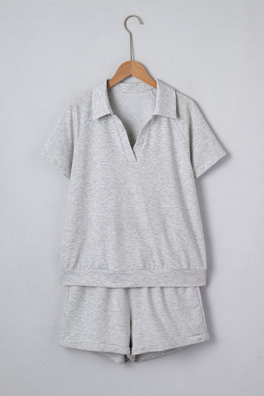 Light Grey Collared V Neck Tee Drawstring Elastic Waist Shorts 2pcs Outfit a78147029635d21a