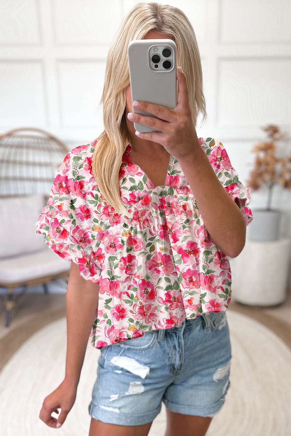 Yellow Allover Floral Print Boxy Fit V Neck Blouse a782860d6ee1badf-_12