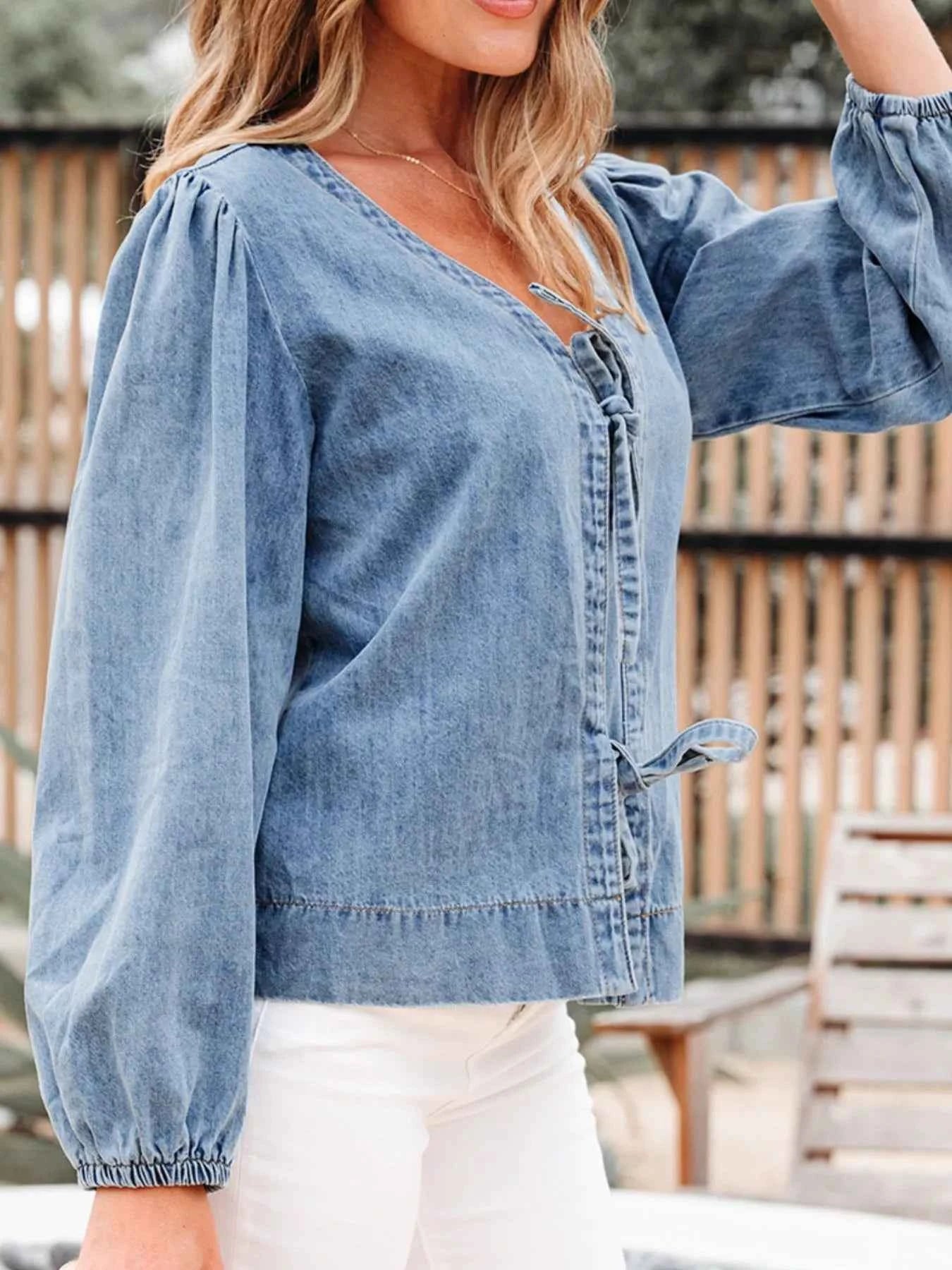 Tied Front Puff Sleeve Denim Top a784338f-8177-49ff-98c4-e6c4ecf85730-Max-Origin