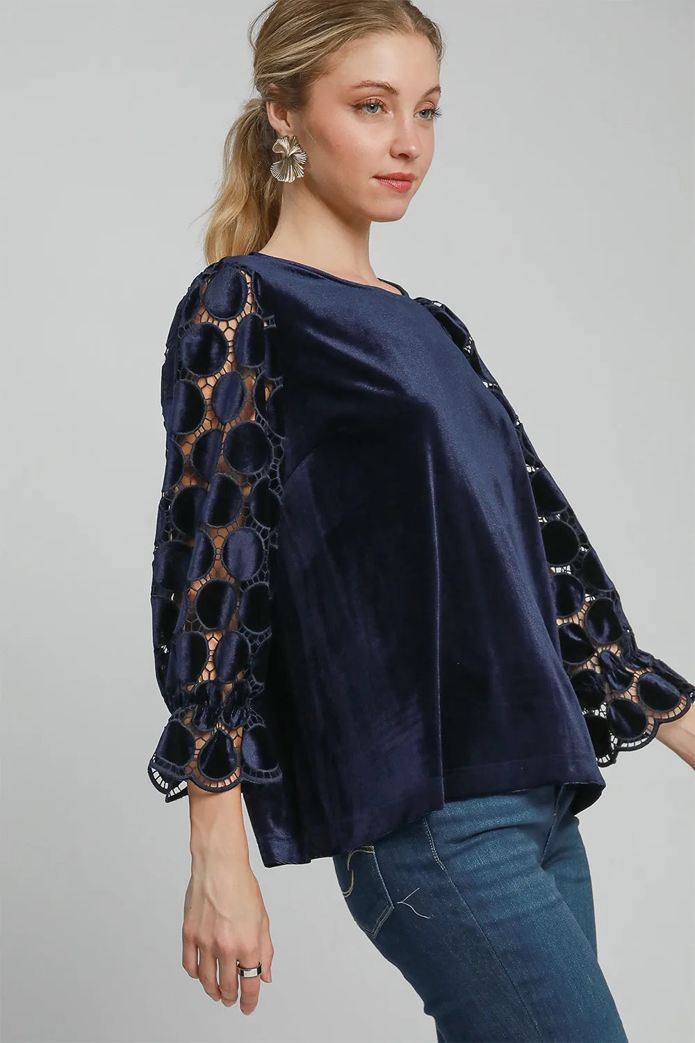 Umgee Polka Dot Lace Long Sleeve Round Neck Blouse a786cac1-4eb4-4c90-b2f9-7135cacf6b0d-Max