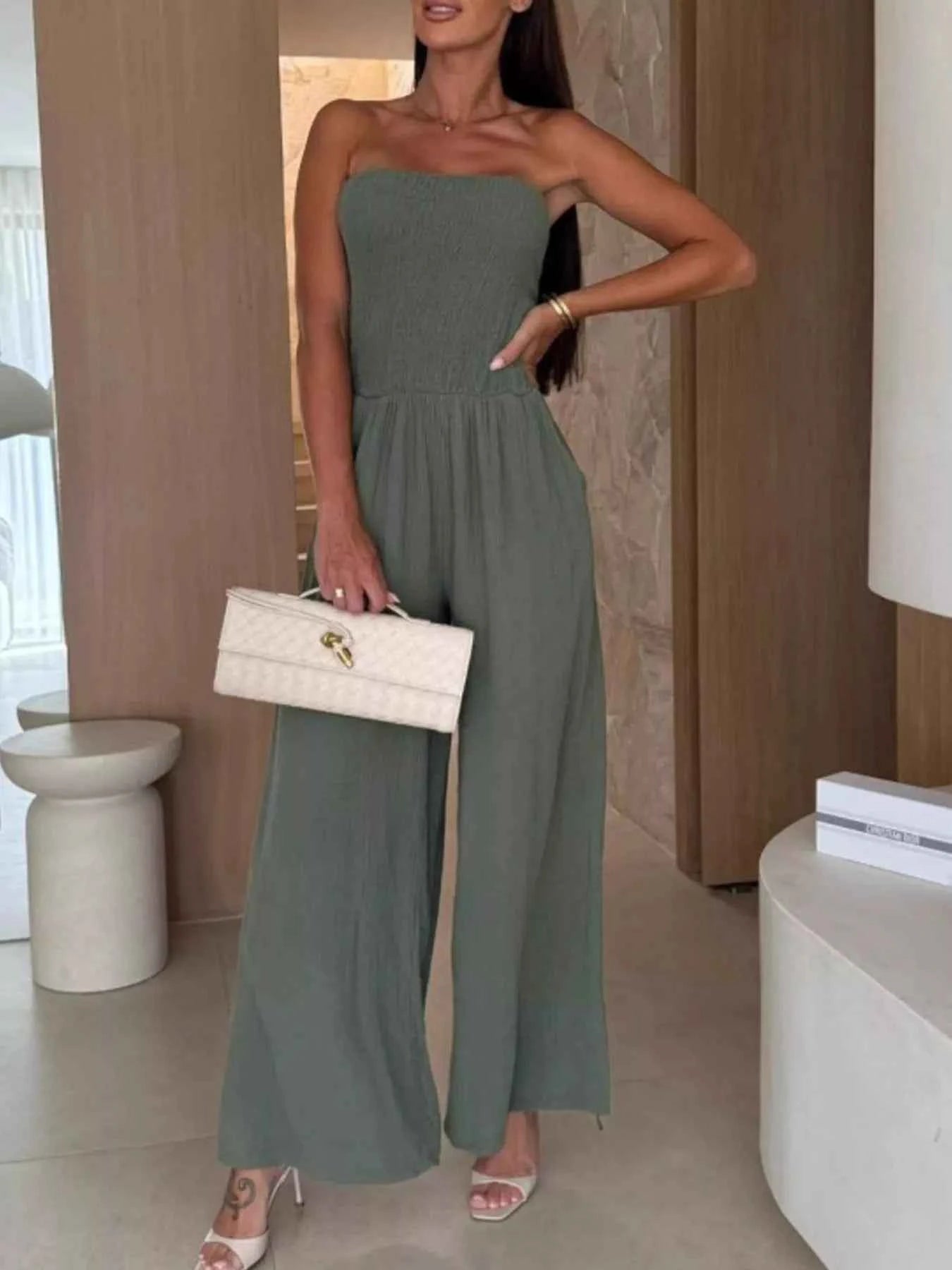Smocked Tube Wide-Leg Jumpsuit Green a7899515-b5bd-4f17-ab28-1ee3eaf5cfa9-Max-Origin