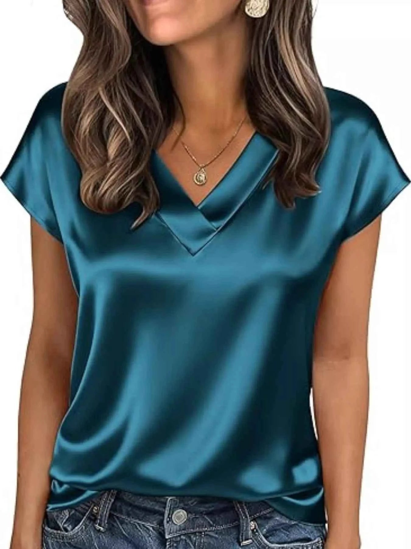 Satin V-Neck Short Sleeve Blouse Green a79217d8-67ff-4f51-8c92-cc2a201837ba-Max-Origin