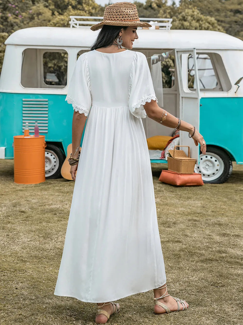 Lace Detail Eyelet V-Neck Half Sleeve Dress a793d57f-e04f-439e-8692-abea3ae233c2-Max