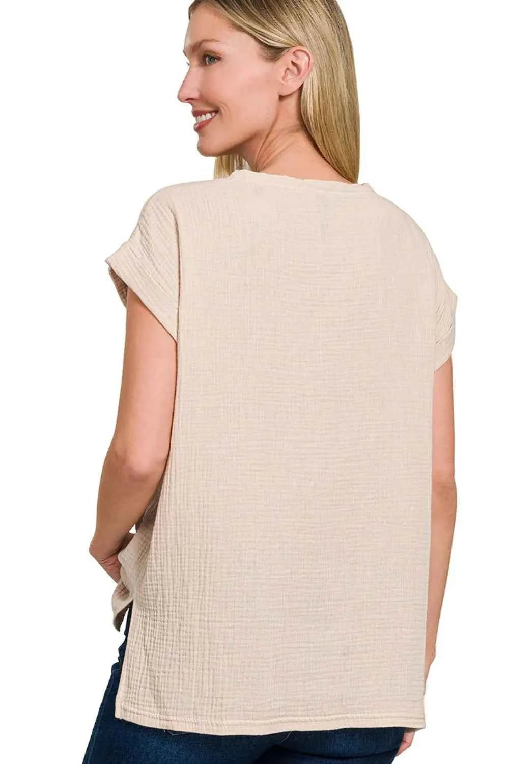 Zenana Double Gauze Round Neck Folded Short Sleeve Top a79718cb-d2b1-4bae-9826-116ceae90a36-Max-Origin