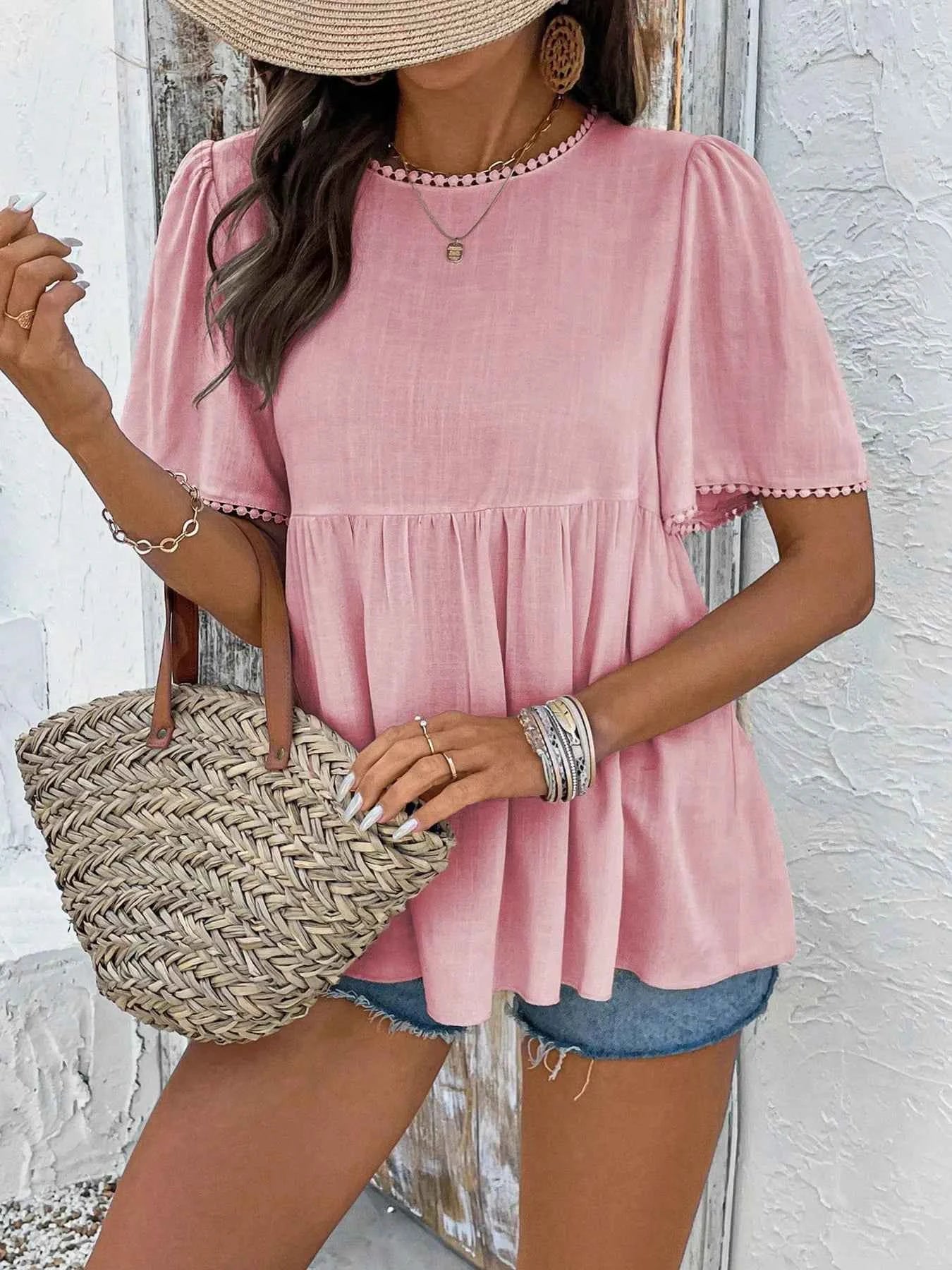 Round Neck Short Sleeve Blouse a799151a642d4d0e8735af80742b0c01-Max-Origin