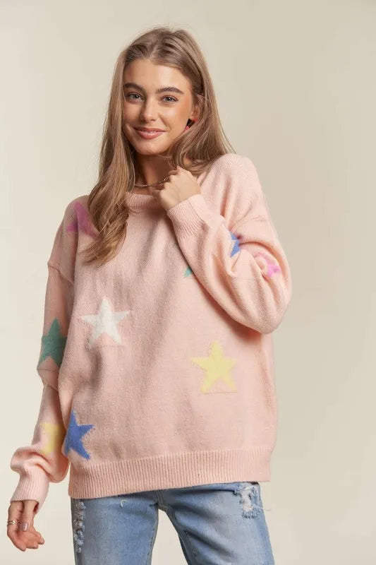 ADORA Stars Pattern Round Neck Drop Shoulder Sweater Blush a7991fd7-f1ab-41ce-804c-34a18e1ac142-Max
