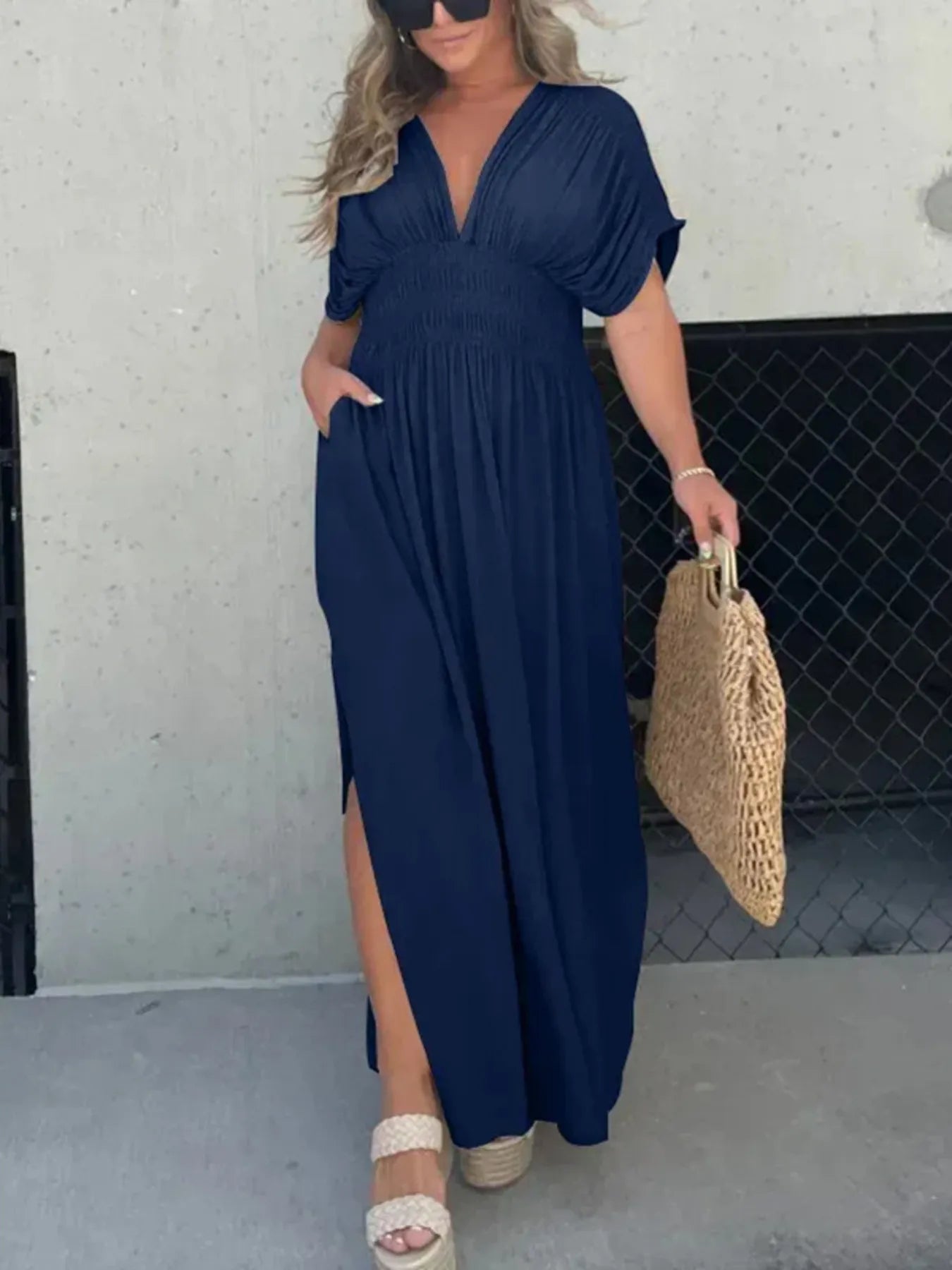 Full Size Deep V-Neck Maxi Dress with Side Slit Plus Size Navy Blue a79e3eeba89a4d4d8795d678b478f300-Max-Origin