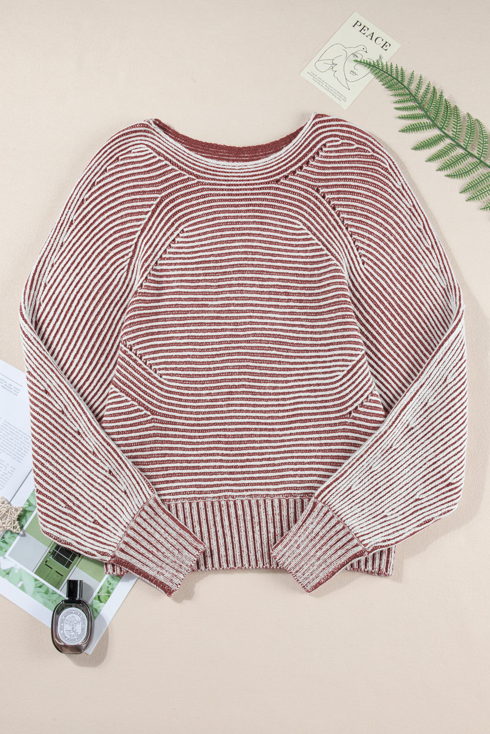 Black Striped Print Ribbed Knit Raglan Sleeve Baggy Sweater Red Dahlia 60%Acrylic+40%Polyamide a7af18b23da8a055