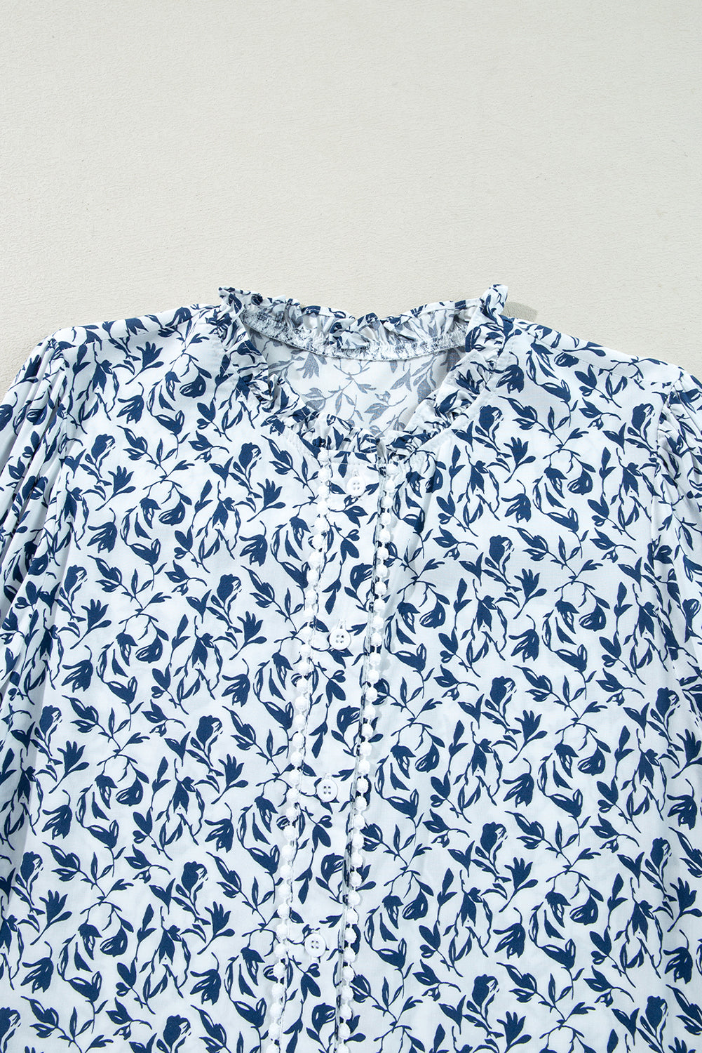 Blue Floral Print Lace Detail Puff Sleeve Shirt a7b6ee428cbceeaa