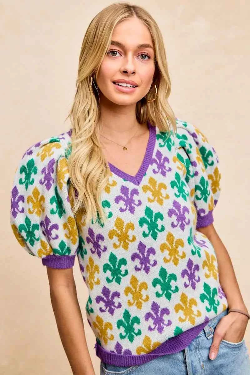BiBi Mardi Gras Fleur De Lis Patterned V Neck Knit Top a7b75e8a5b794a94ad9ebd4691bf6704-Max-Origin