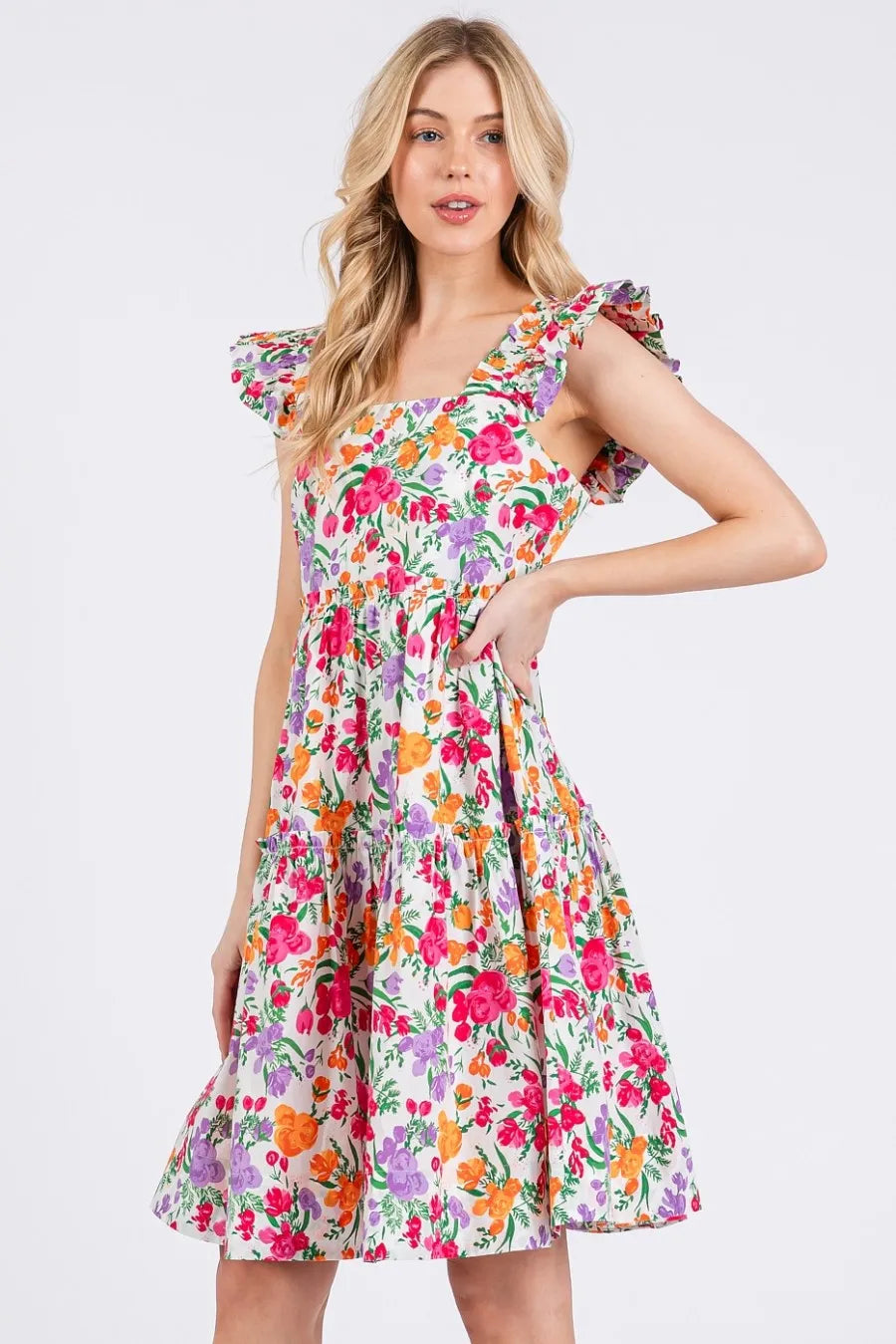 Mittoshop Flower Print Ruffle Shoulder A-line Mini Dress IVORY MULTI a7bc057e29bf4936932a3202f145b53f-Max-Origin