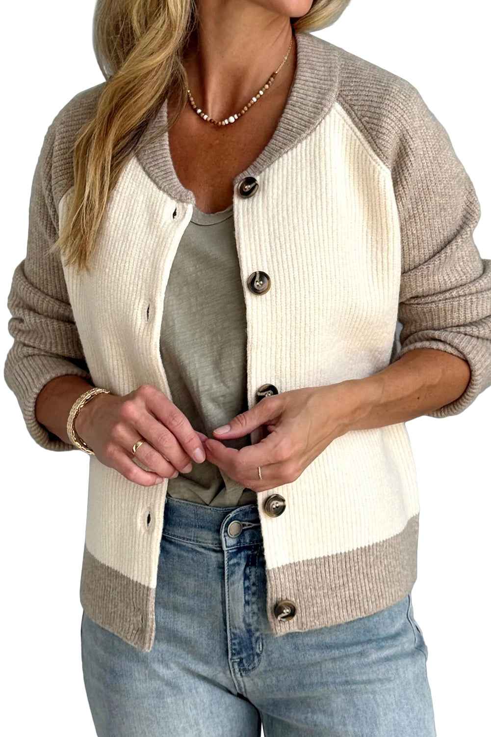 White Colorblock Button Front Casual Cardigan a7bd033b399adc13