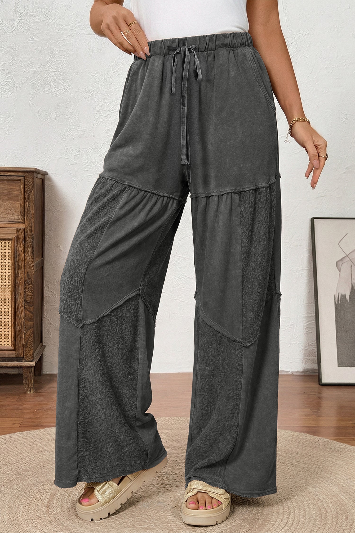 Black Mineral Wash Tiered Wide Leg Patchwork Drawstring Pants a7c5348bfbec6446